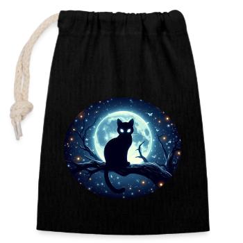 Chat assis sur une branche à la pleine lune - Sac cadeau en coton avec cordon (14 x 20 cm) - noir - Devant