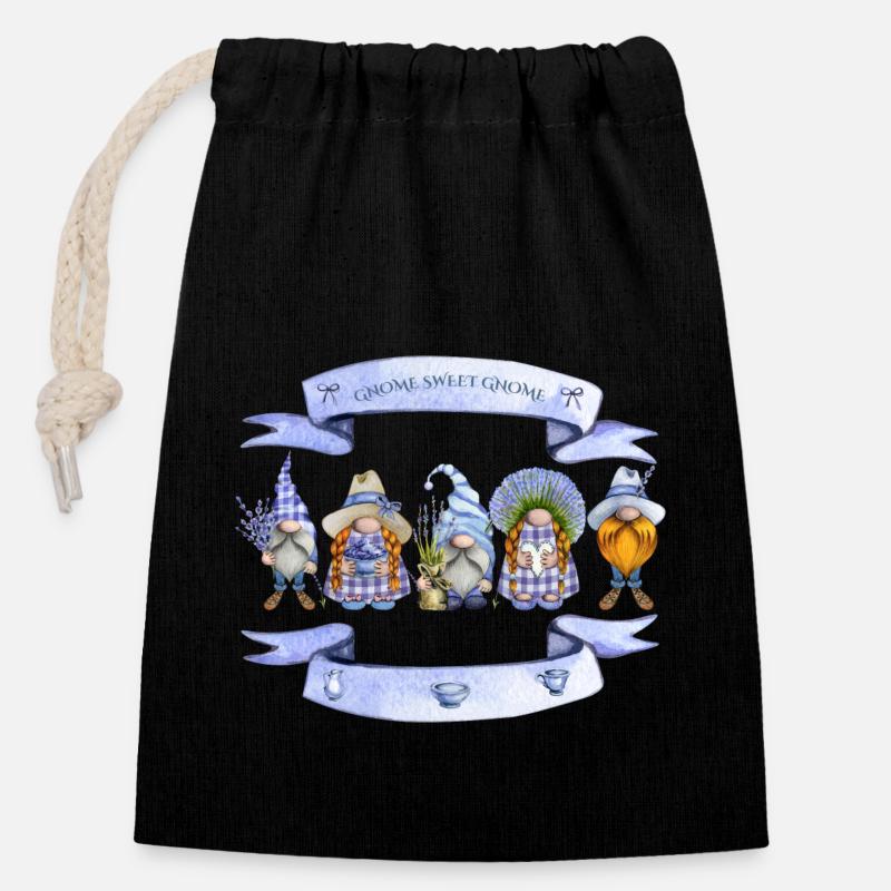 Gnomes Lavande Gnome Gnome doux - Sac cadeau en coton avec cordon (14 x 20 cm) - noir