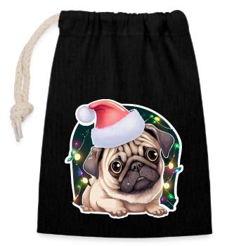 Carlin avec chapeau de Noël et guirlandes lumineuses - Sac cadeau en coton avec cordon (14 x 20 cm) - noir - Devant