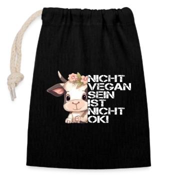 Nicht Vegan Sein Ist Nicht Ok! - Niedliche Kuh - Verschließbarer Geschenkbeutel aus Baumwolle (14x20cm) - Schwarz - Vorne