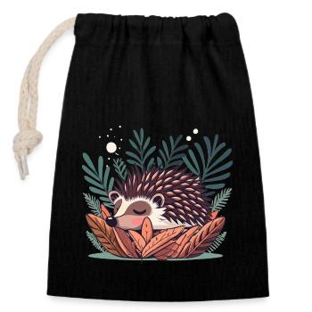 Cute sleeping hedgehog in bushes - Closable cotton gift bag (14x20cm) - black - Front