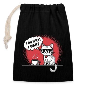 Pixel Cat with Coffee Cup T-Shirt - Closable cotton gift bag (14x20cm) - black - Front