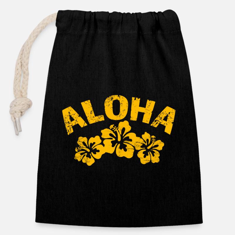 Aloha Hibiscus Tropical Print - Closable cotton gift bag (14x20cm) - black