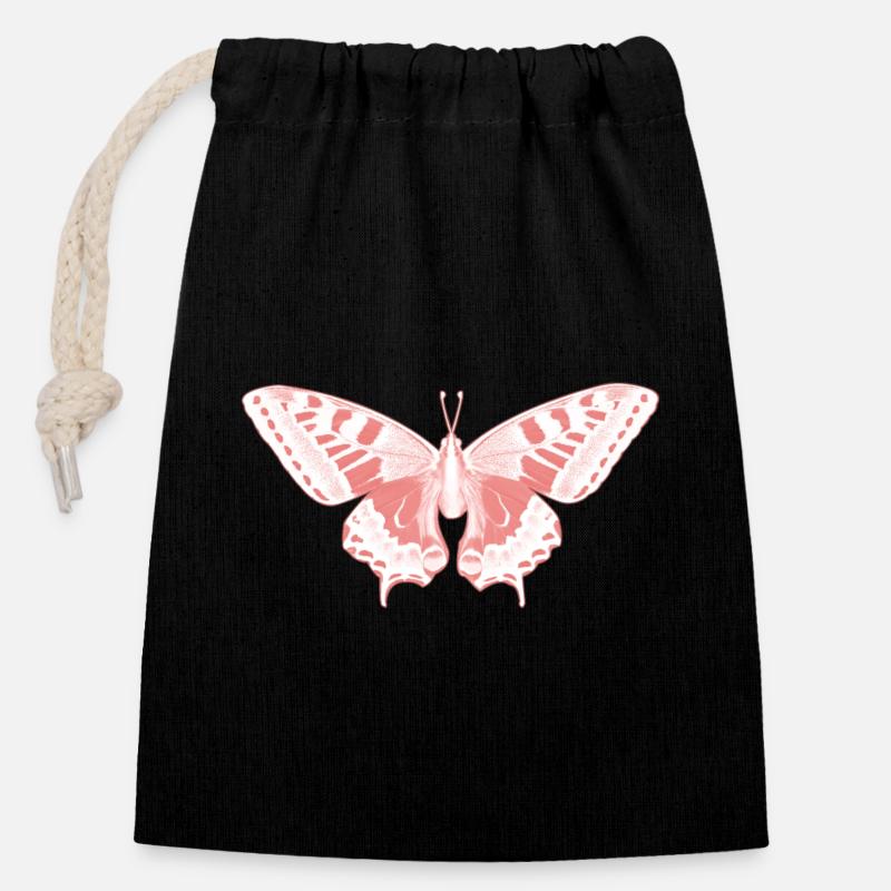 Papillon Rose Éthérée - Sac cadeau en coton avec cordon (14 x 20 cm) - noir