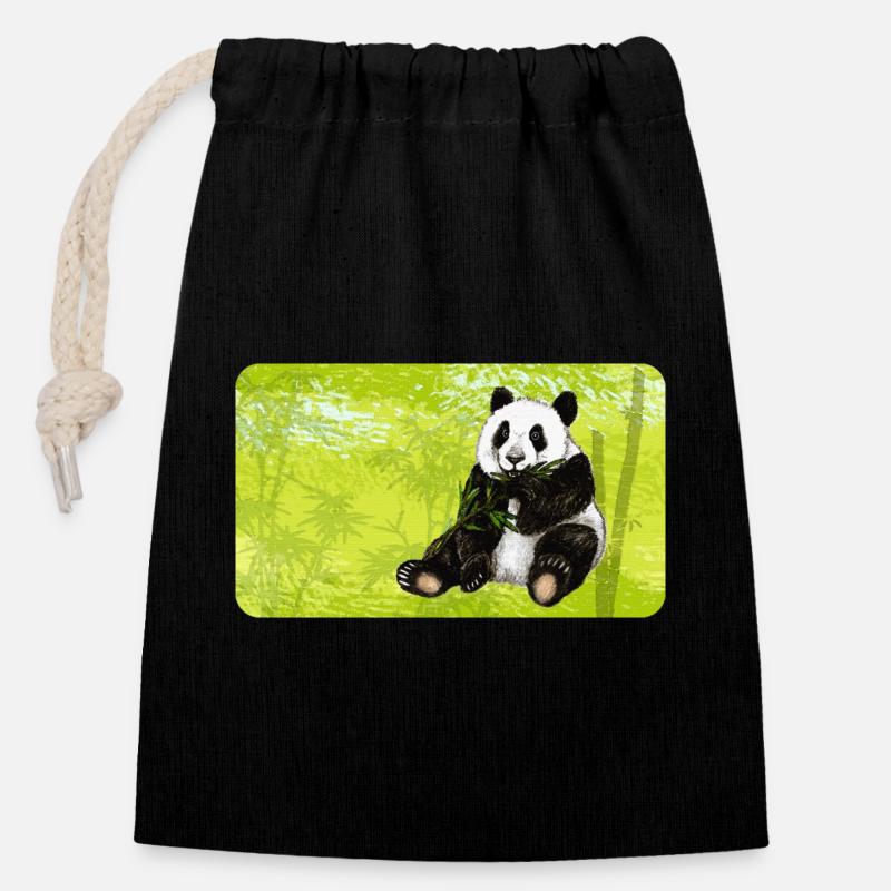Cute panda bear with bamboo in bamboo forest - Closable cotton gift bag (14x20cm) - black