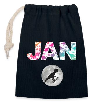 JAN - Beautiful boy name with dinosaur - Closable cotton gift bag (14x20cm) - navy - Front