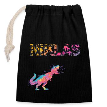 NIKLAS - Schöner Jungen Name mit Dinosaurier - Verschließbarer Geschenkbeutel aus Baumwolle (14x20cm) - Schwarz - Vorne
