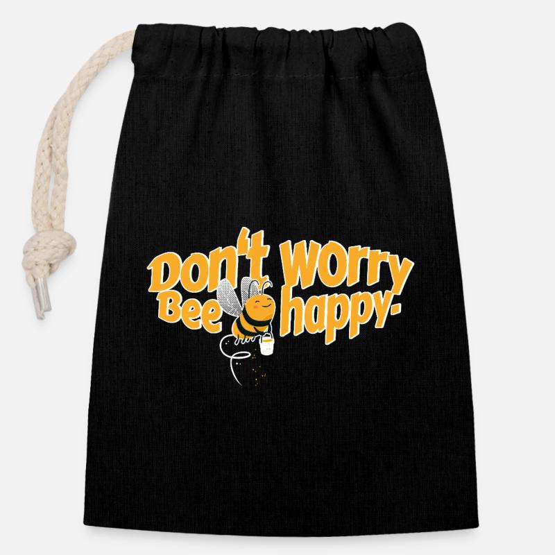 Ne vous inquiétez pas, Bee happy - Sac cadeau en coton avec cordon (14 x 20 cm) - noir