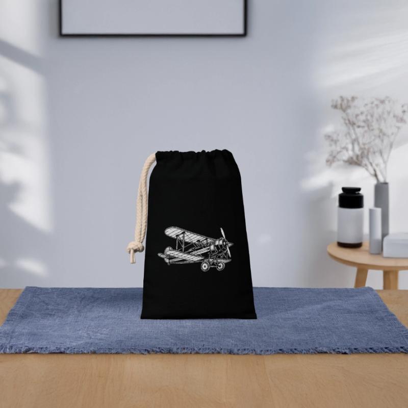 Biplane Oldtimer, conception classique d’avion Sac cadeau en coton avec cordon (14 x 20 cm)