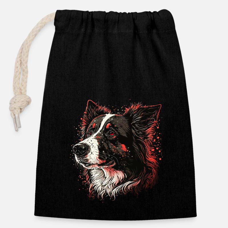 Border Collie - Sac cadeau en coton avec cordon (14 x 20 cm) - noir