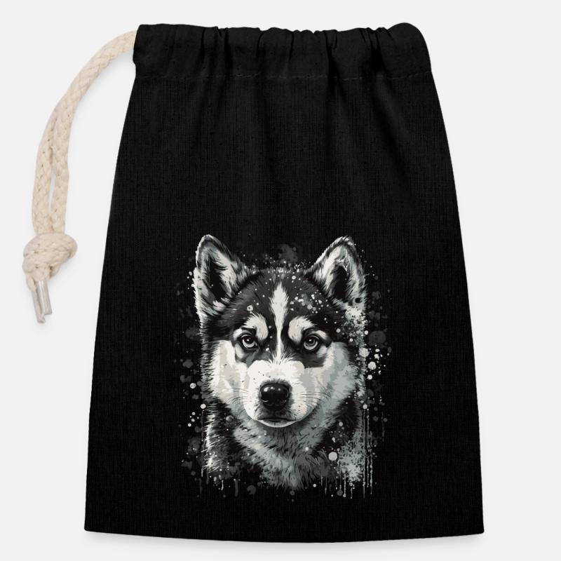 Chiot Husky - Sac cadeau en coton avec cordon (14 x 20 cm) - noir