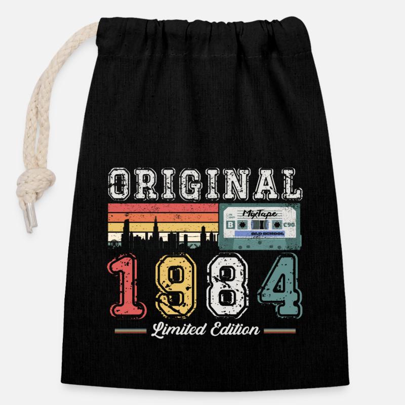 39th Birthday Man Vintage 1984 Cassette Vintage - Sac cadeau en coton avec cordon (14 x 20 cm) - noir