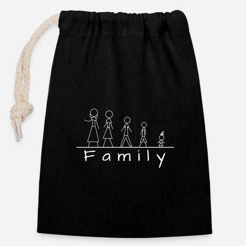 Famille de figurines en bâton - Sac cadeau en coton avec cordon (14 x 20 cm) - noir