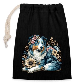 Berger australien Cottage Core Country House fleurs - Sac cadeau en coton avec cordon (14 x 20 cm) - noir - Devant