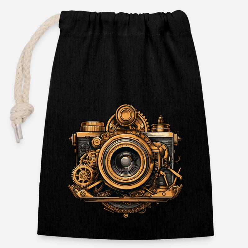 Caméra steampunk - Sac cadeau en coton avec cordon (14 x 20 cm) - noir