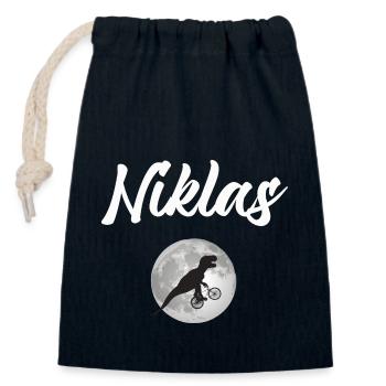 NIKLAS - Schöner Jungen Name mit Dinosaurier - Verschließbarer Geschenkbeutel aus Baumwolle (14x20cm) - Navy - Vorne