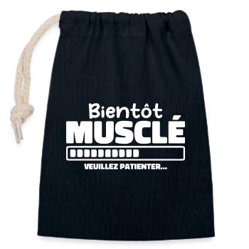 Bientôt Musclé - Veuillez Patienter - Sac cadeau en coton avec cordon (14 x 20 cm) - bleu marine - Devant
