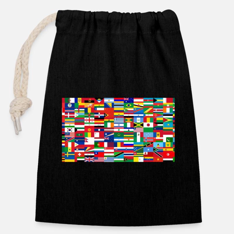 Drapeaux du monde collage coloré - Sac cadeau en coton avec cordon (14 x 20 cm) - noir
