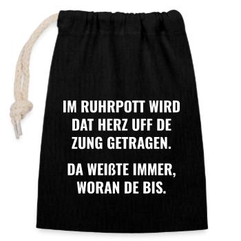 Dat Herz de Zung getragen - Verschließbarer Geschenkbeutel aus Baumwolle (14x20cm) - Schwarz - Vorne
