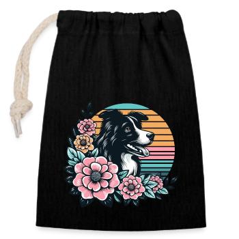 Border Collie Rétro Pastel Floral Noir Blanc - Sac cadeau en coton avec cordon (14 x 20 cm) - noir - Devant