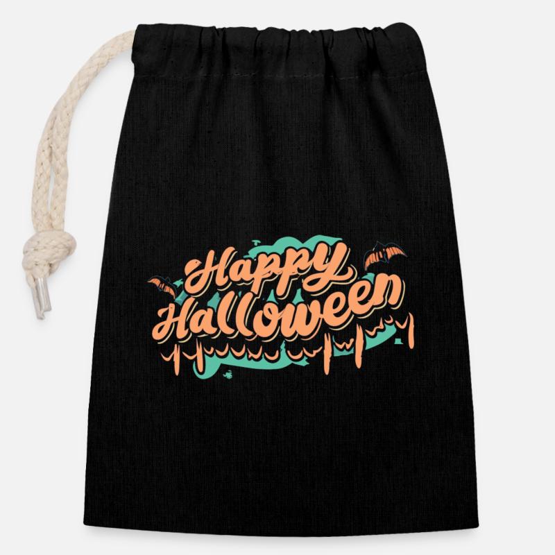 Lettering Happy Halloween - Closable cotton gift bag (14x20cm) - black