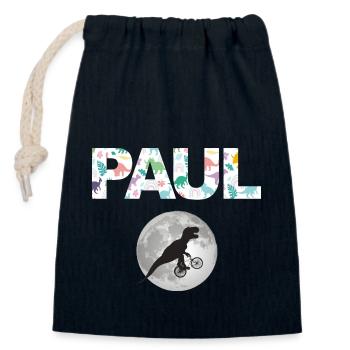 PAUL - Beau prénom de garçon avec dinosaure - Sac cadeau en coton avec cordon (14 x 20 cm) - bleu marine - Devant