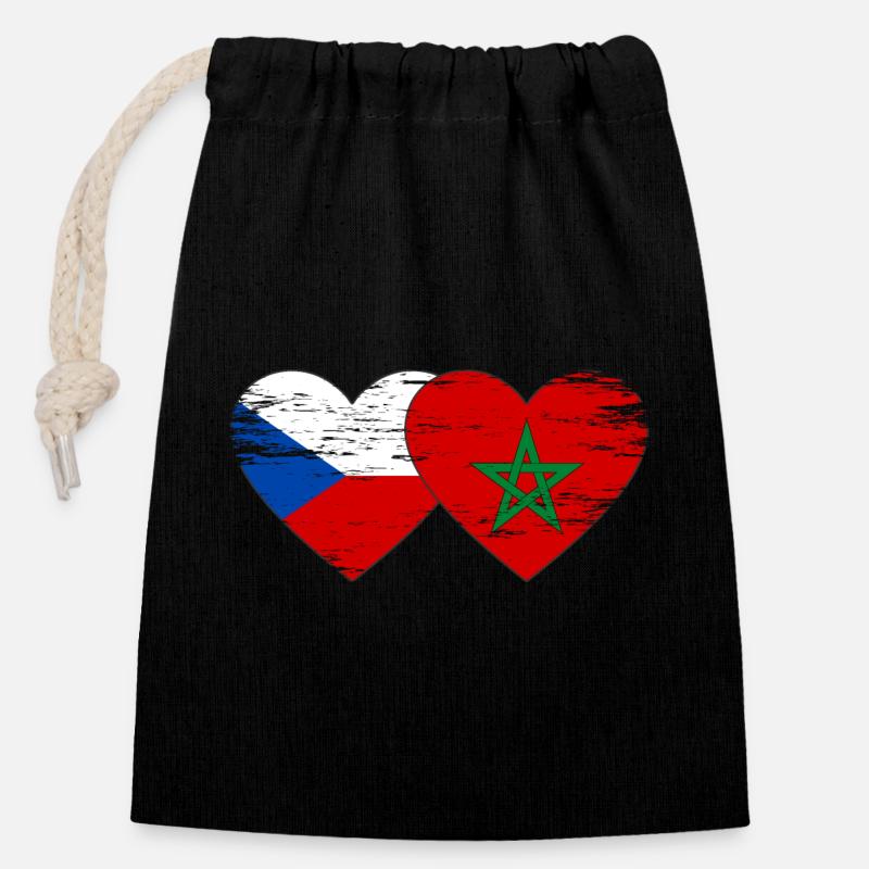 Tschechien Marokko Flagge Herz used - Verschließbarer Geschenkbeutel aus Baumwolle (14x20cm) - Schwarz