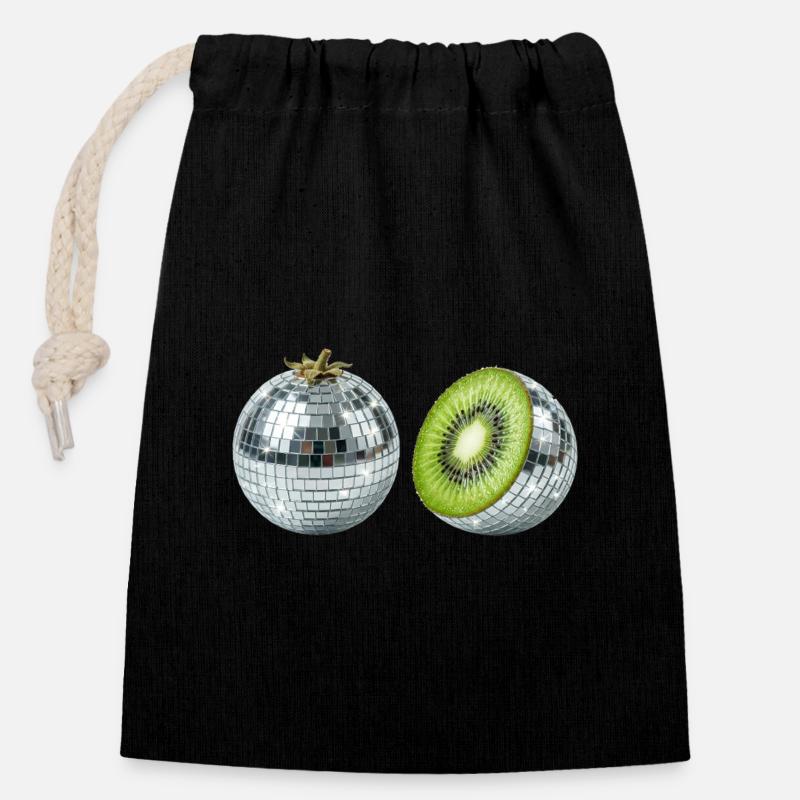 Balle Miroir Disco Kiwi - Sac cadeau en coton avec cordon (14 x 20 cm) - noir