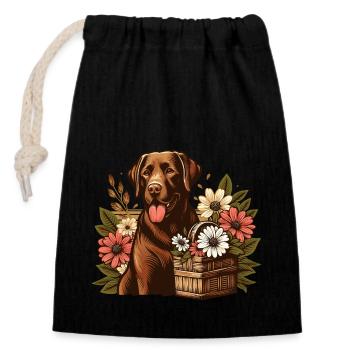 Fleurs de base marron Labrador Retriever Cottage Core - Sac cadeau en coton avec cordon (14 x 20 cm) - noir - Devant
