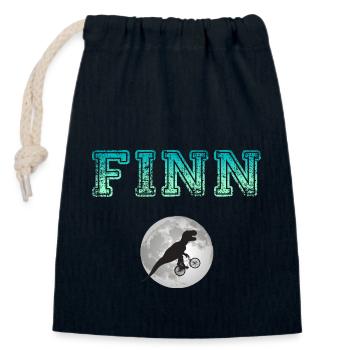 FINN - Schöner Jungen Name mit Dinosaurier - Verschließbarer Geschenkbeutel aus Baumwolle (14x20cm) - Navy - Vorne