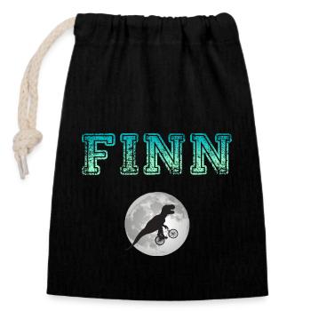 FINN - Schöner Jungen Name mit Dinosaurier - Verschließbarer Geschenkbeutel aus Baumwolle (14x20cm) - Schwarz - Vorne