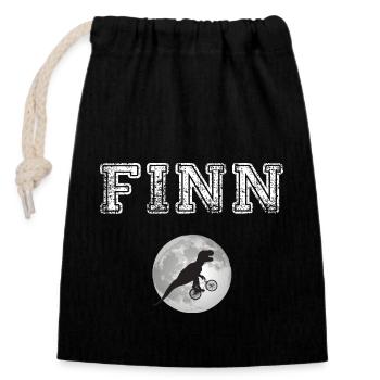 FINN - Schöner Jungen Name mit Dinosaurier - Verschließbarer Geschenkbeutel aus Baumwolle (14x20cm) - Schwarz - Vorne