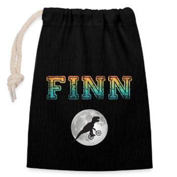 FINN - Schöner Jungen Name mit Dinosaurier - Verschließbarer Geschenkbeutel aus Baumwolle (14x20cm) - Schwarz - Vorne