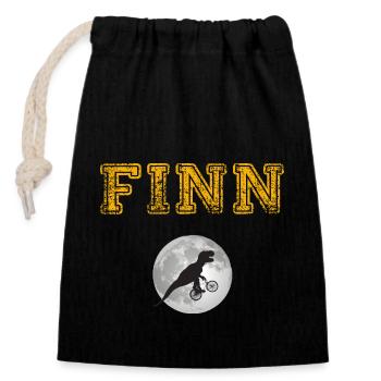 FINN - Schöner Jungen Name mit Dinosaurier - Verschließbarer Geschenkbeutel aus Baumwolle (14x20cm) - Schwarz - Vorne
