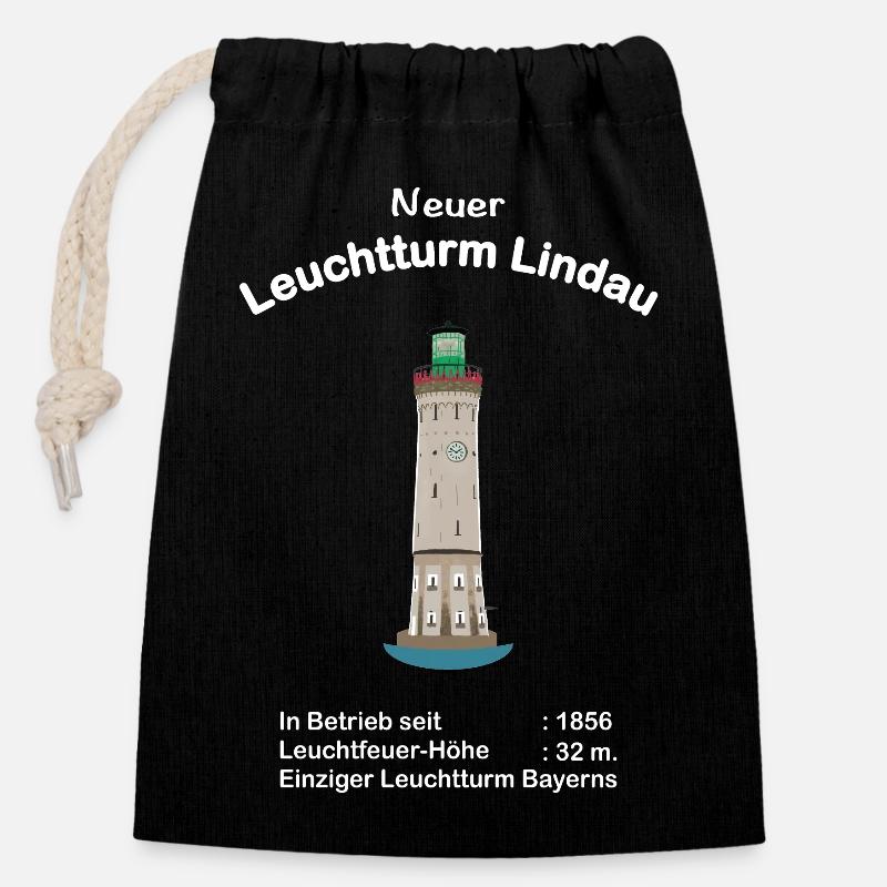 Lindau, Neuer Leuchtturm, Bodensee, Zeichnung - Verschließbarer Geschenkbeutel aus Baumwolle (14x20cm) - Schwarz