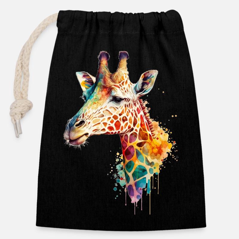 Girafe - Sac cadeau en coton avec cordon (14 x 20 cm) - noir