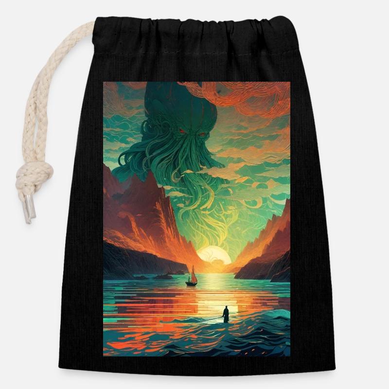 Cthulhu Ier - Sac cadeau en coton avec cordon (14 x 20 cm) - noir