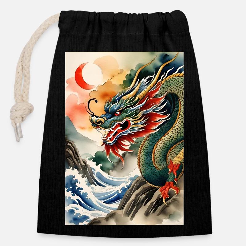 Année du Dragon II - Sac cadeau en coton avec cordon (14 x 20 cm) - noir