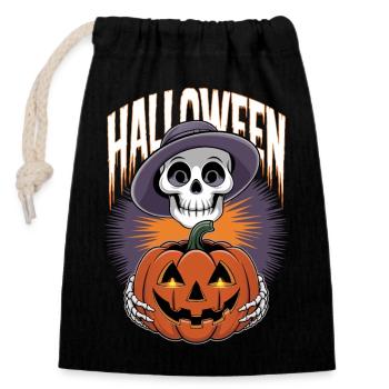 Squelette d’Halloween avec citrouille lanterne - Sac cadeau en coton avec cordon (14 x 20 cm) - noir - Devant