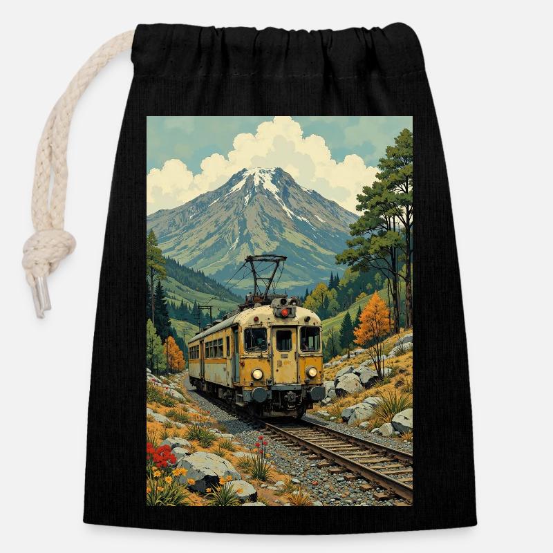 Image de train rétro - Sac cadeau en coton avec cordon (14 x 20 cm) - noir