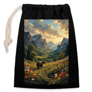 Picture Landscape with a bear. - Closable cotton gift bag (14x20cm) - black - Front
