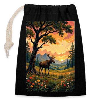 Picture Landscape with moose. - Closable cotton gift bag (14x20cm) - black - Front