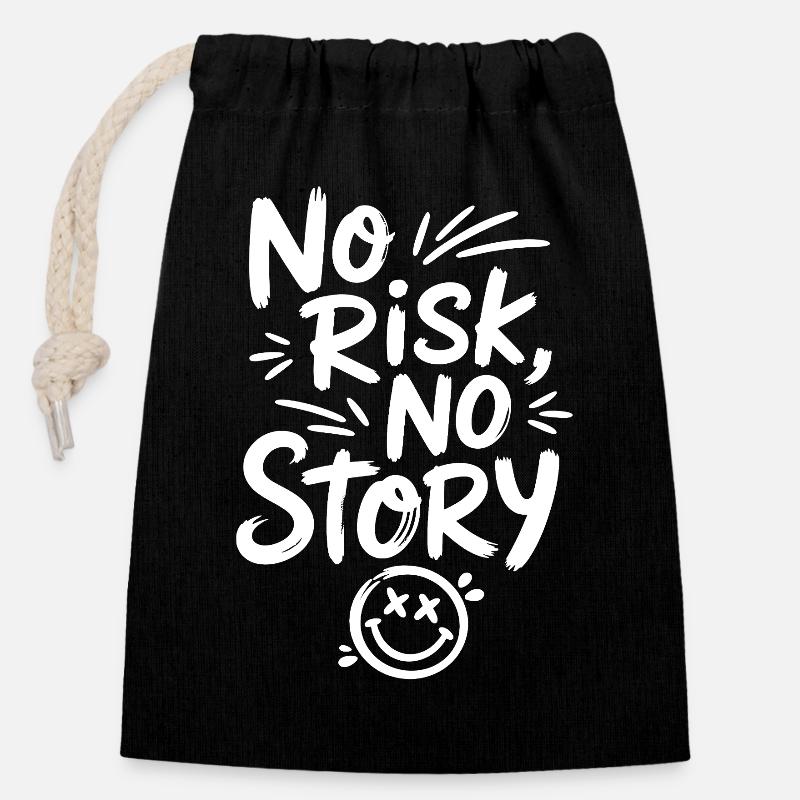 No Risk No Story Smiley - Verschließbarer Geschenkbeutel aus Baumwolle (14x20cm) - Schwarz