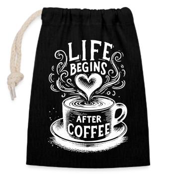 La vie commence après le café – Drôle de dicton sur le café - Sac cadeau en coton avec cordon (14 x 20 cm) - noir - Devant