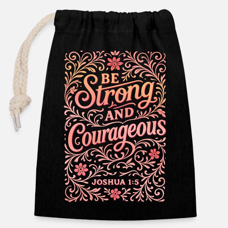 Imprimé floral Be Strong and Courageous - Sac cadeau en coton avec cordon (14 x 20 cm) - noir