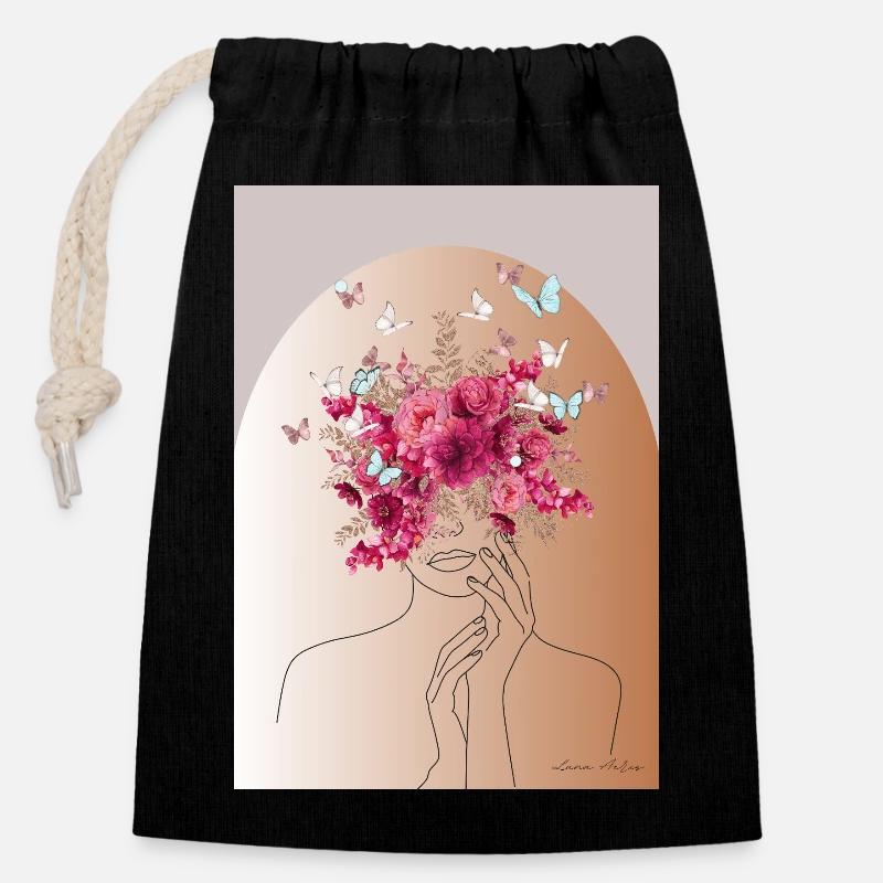 Flower head with butterfly crown - Closable cotton gift bag (14x20cm) - black