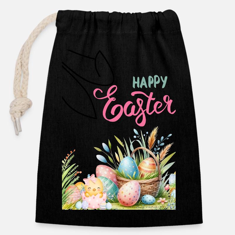 Pastel Easter Basket and Eggs - Closable cotton gift bag (14x20cm) - black