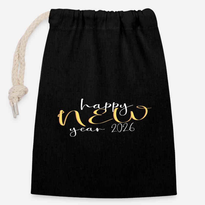 Happy New Year 2026 - Sac cadeau en coton avec cordon (14 x 20 cm) - noir