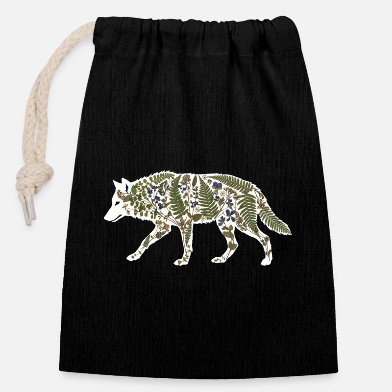 wolf-botanical - Verschließbarer Geschenkbeutel aus Baumwolle (14x20cm) - Schwarz