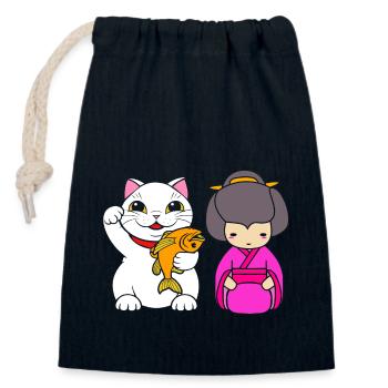 Maneki Neko Japan Glücksbringer - Verschließbarer Geschenkbeutel aus Baumwolle (14x20cm) - Navy - Vorne